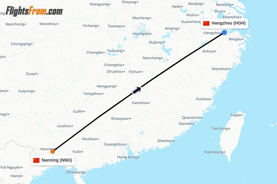 Flights from Nanning to Hangzhou route map