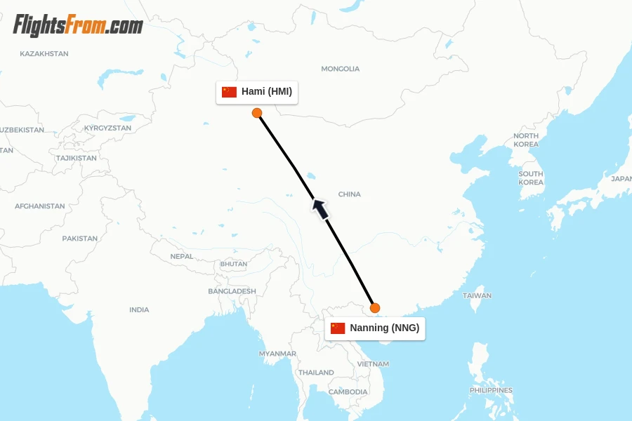 Flights from Nanning to Hami route map