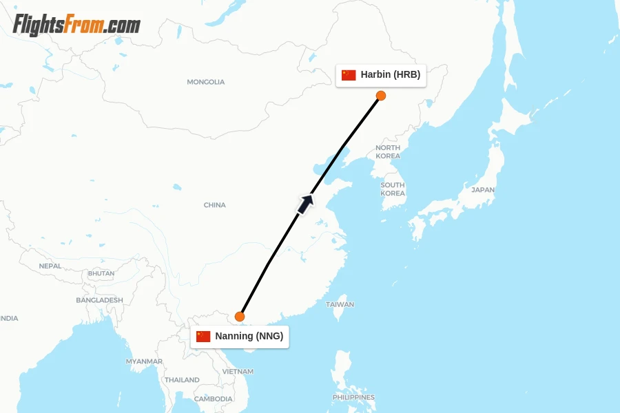 Flights from Nanning to Harbin route map