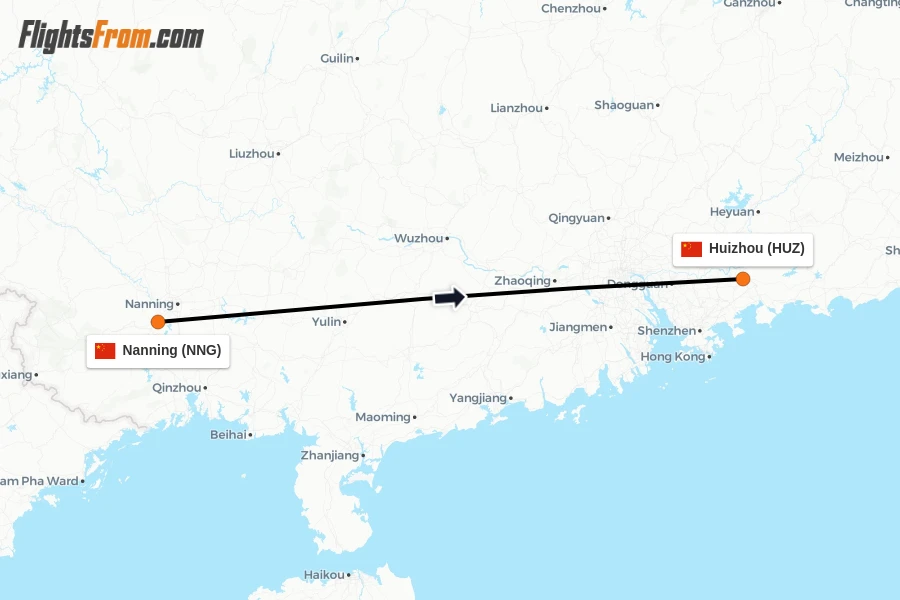 Flights from Nanning to Huizhou route map