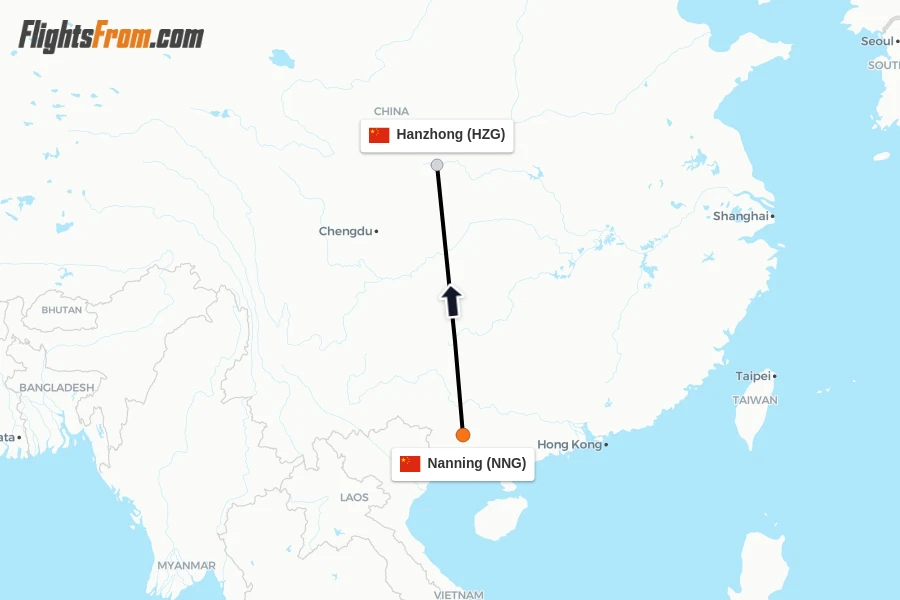 Flights from Nanning to Hanzhong route map