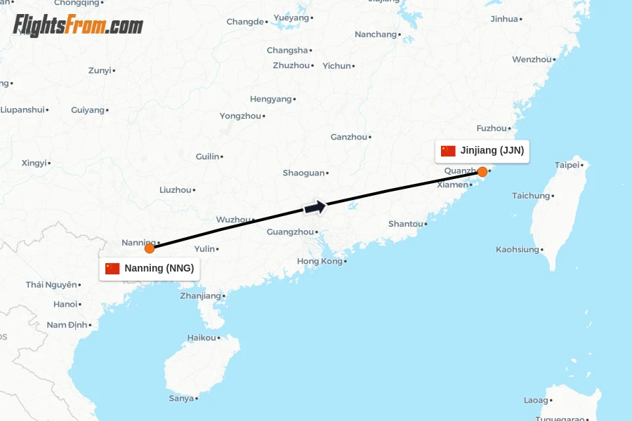 Flights from Nanning to Jinjiang route map