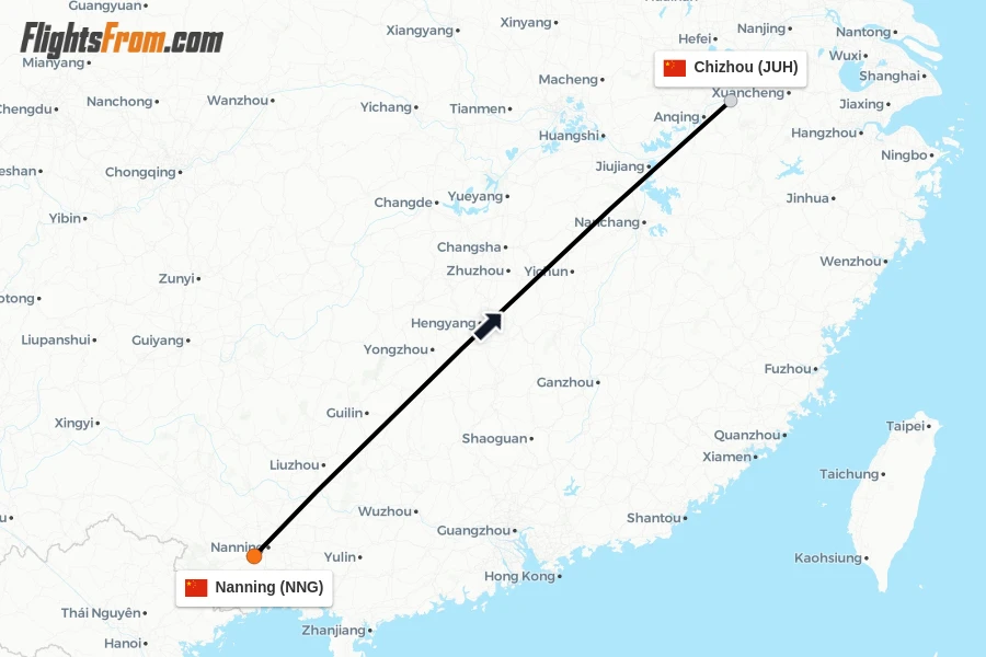 Flights from Nanning to Chizhou route map