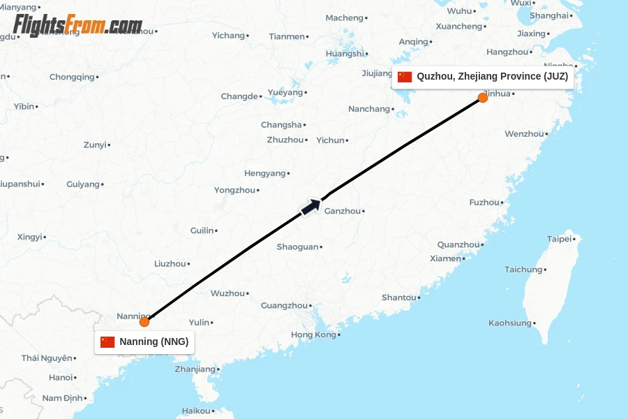 Flights from Nanning to Quzhou, Zhejiang Province route map