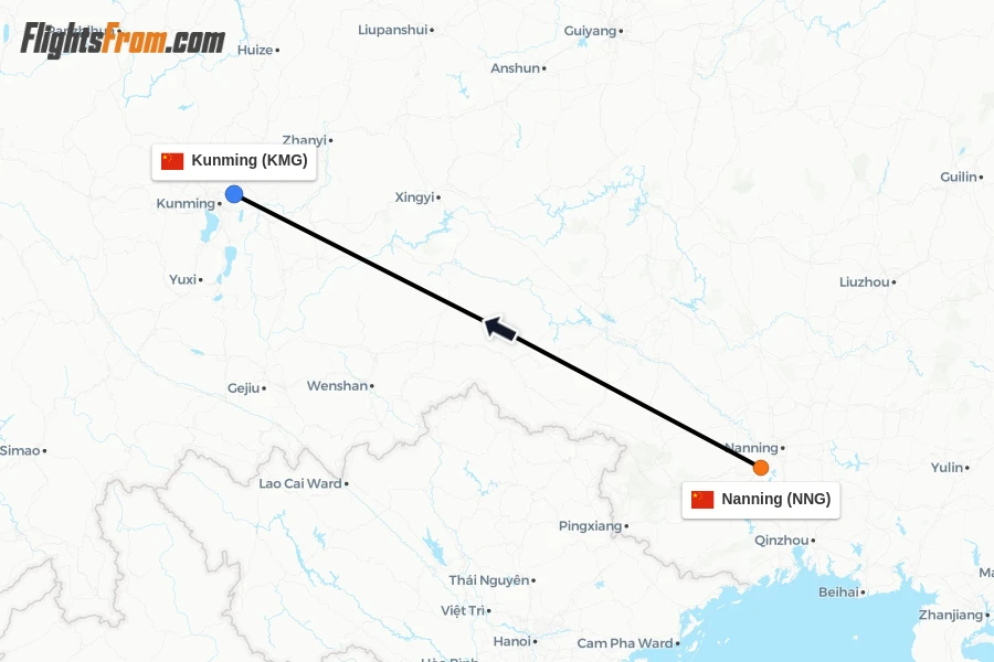 Flights from Nanning to Kunming route map