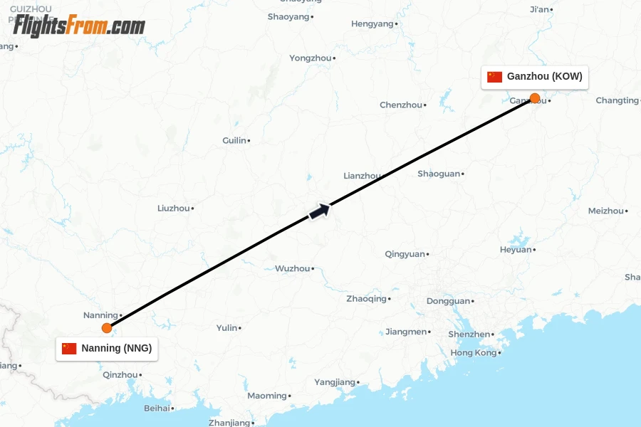 Flights from Nanning to Ganzhou route map