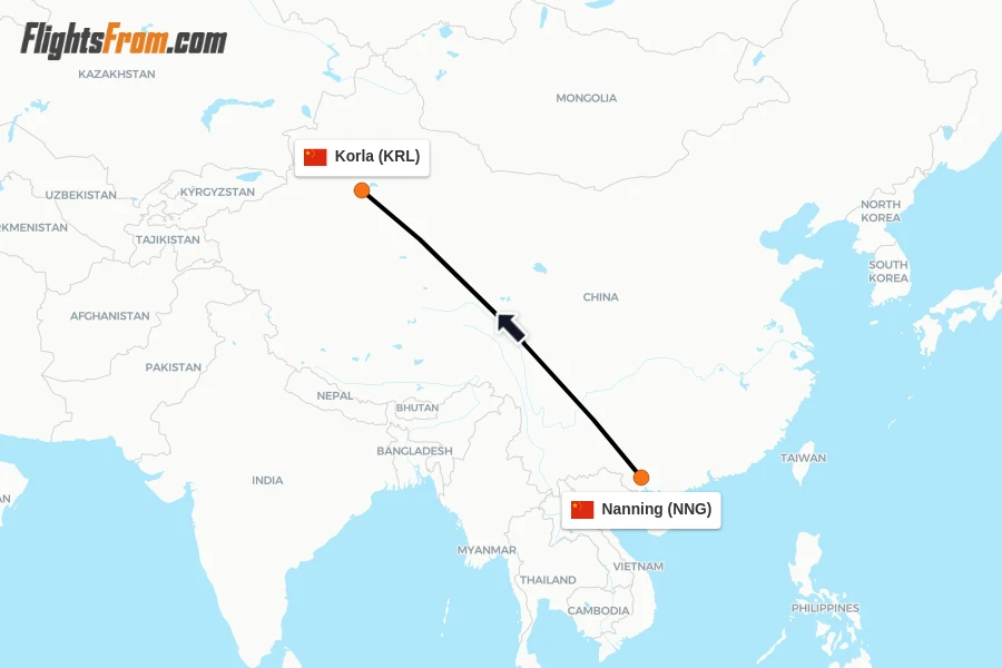 Flights from Nanning to Korla route map