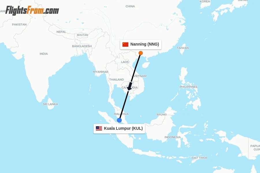 Flights from Nanning to Kuala Lumpur route map