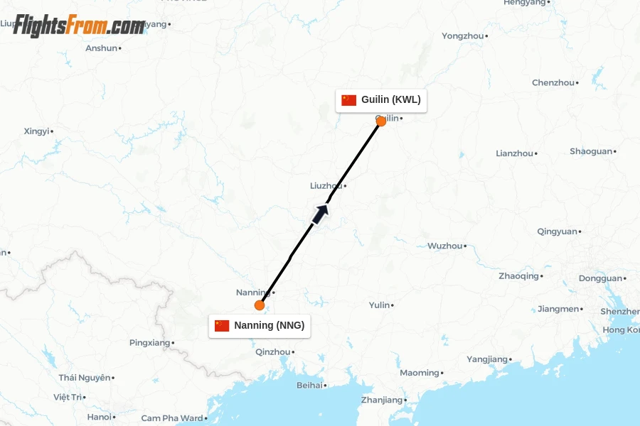 Flights from Nanning to Guilin route map