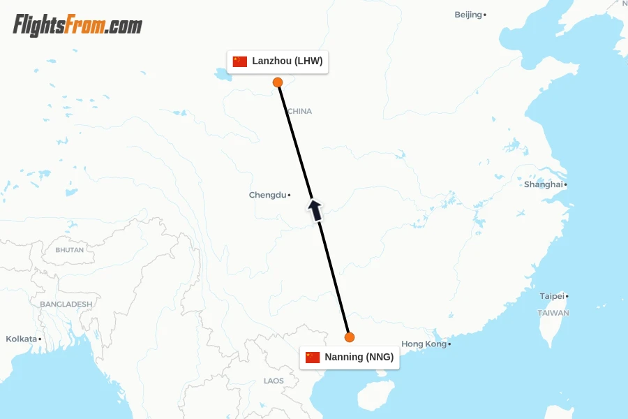Flights from Nanning to Lanzhou route map