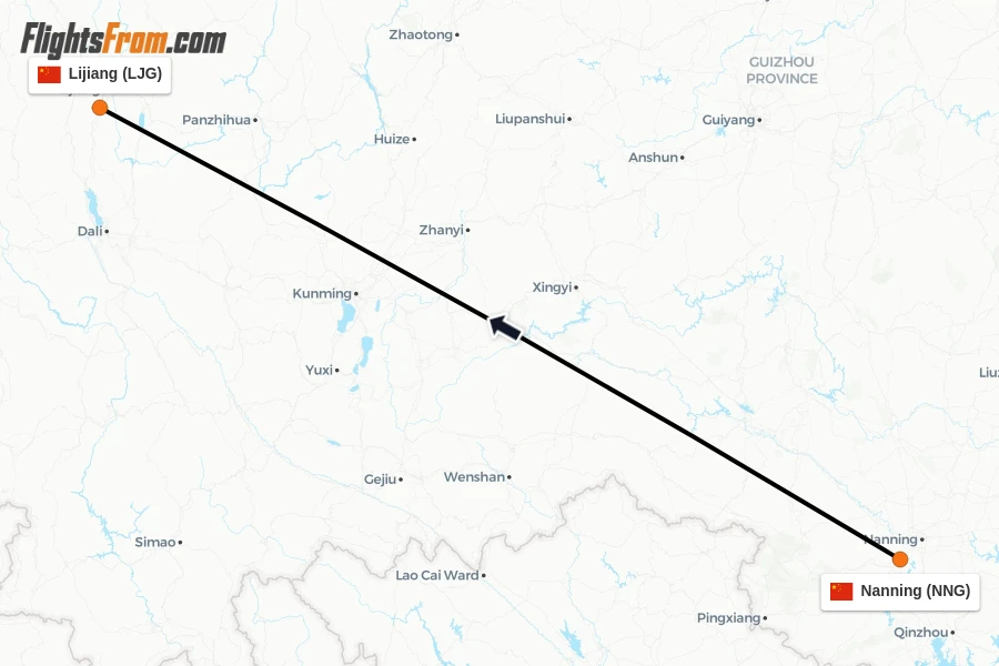 Flights from Nanning to Lijiang route map