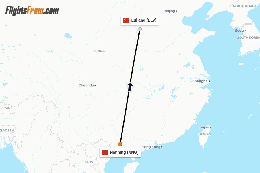 Flights from Nanning to Luliang route map
