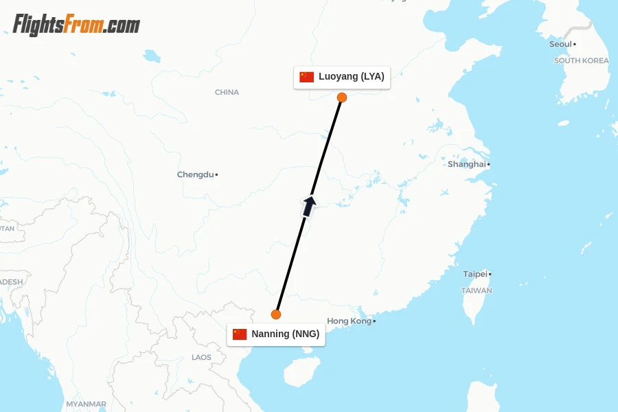 Flights from Nanning to Luoyang route map