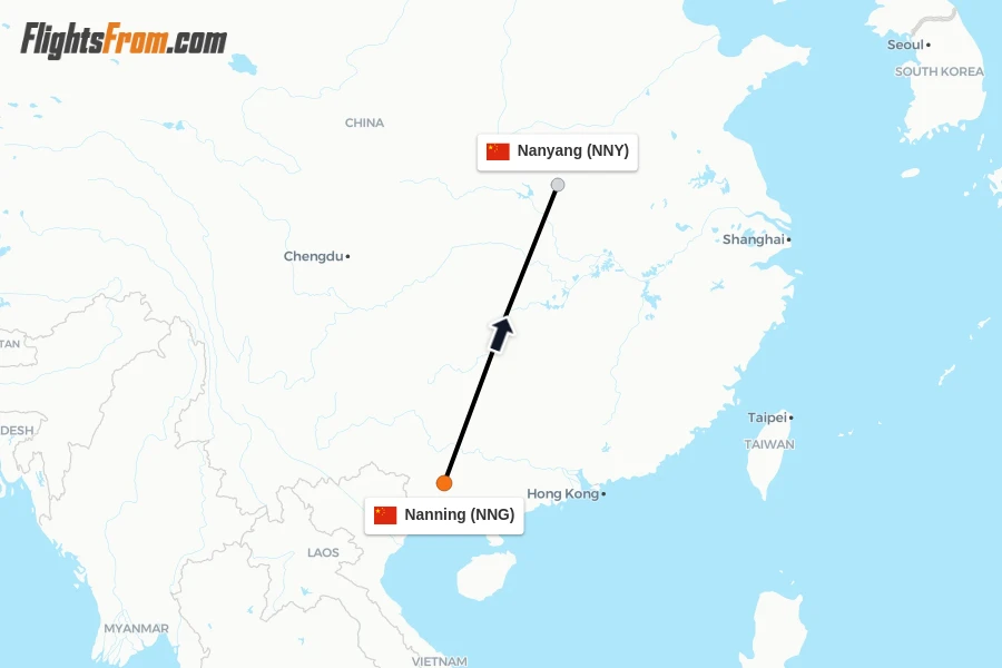 Flights from Nanning to Nanyang route map