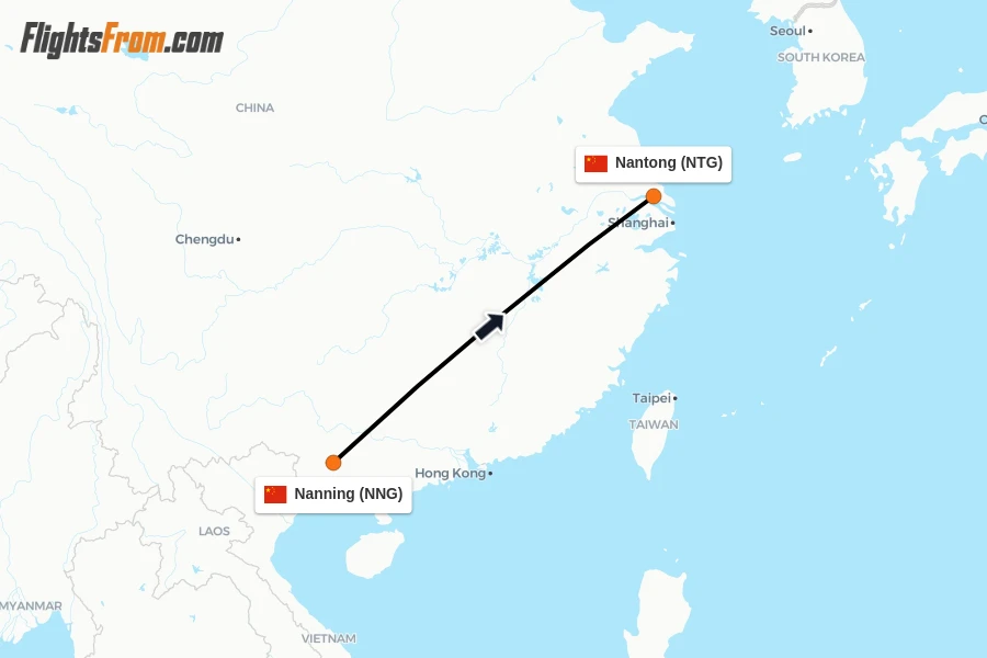 Flights from Nanning to Nantong route map