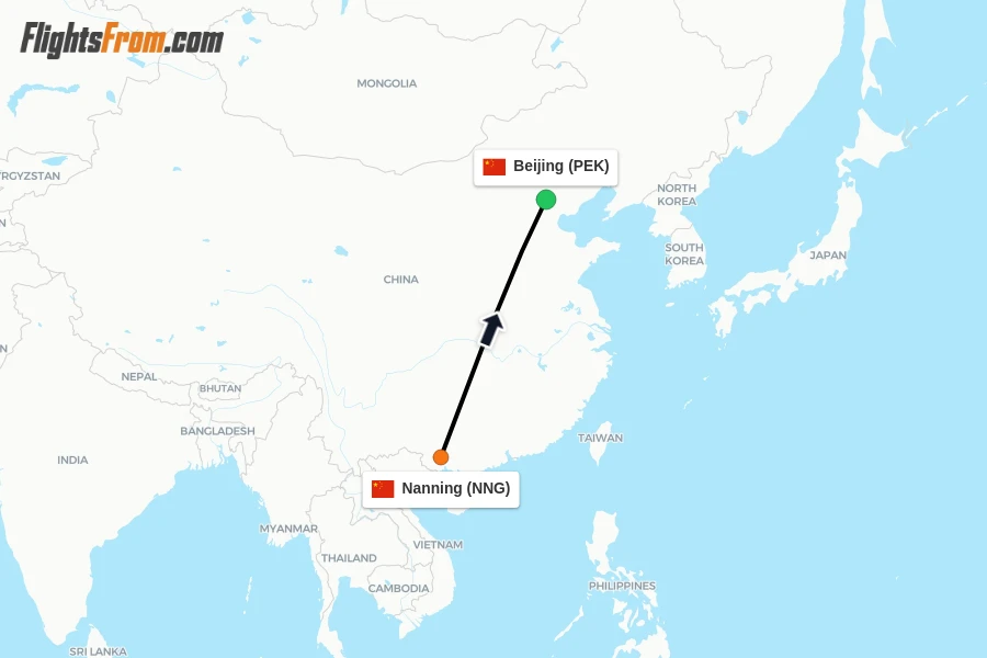 Flights from Nanning to Beijing route map