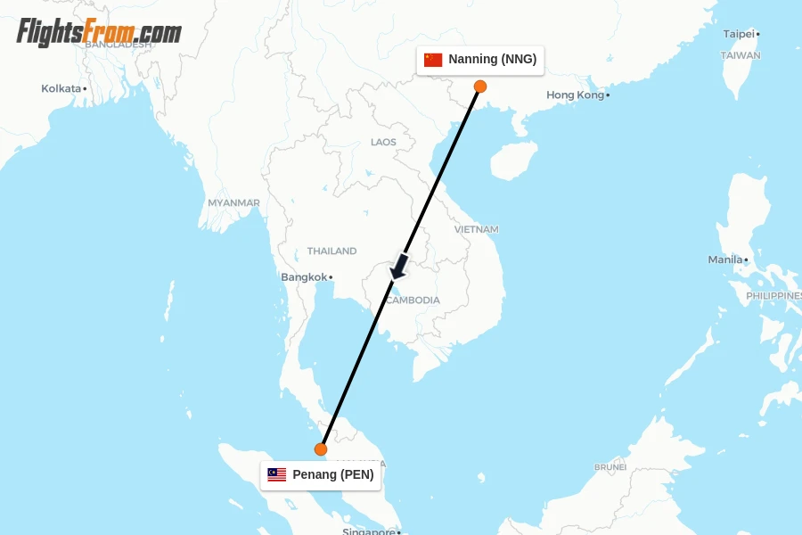 Flights from Nanning to Penang route map