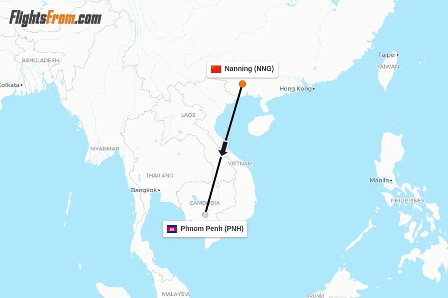 Flights from Nanning to Phnom Penh route map