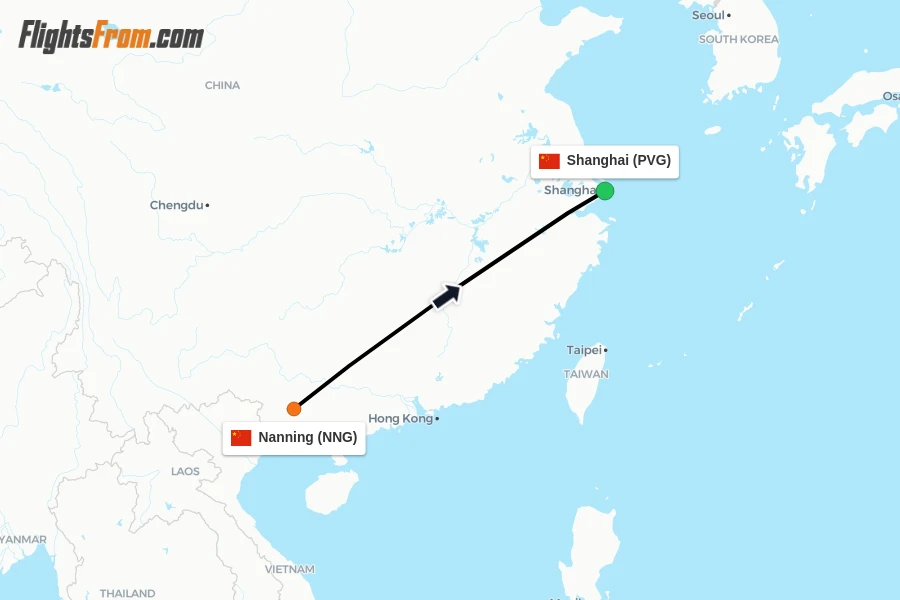 Flights from Nanning to Shanghai route map