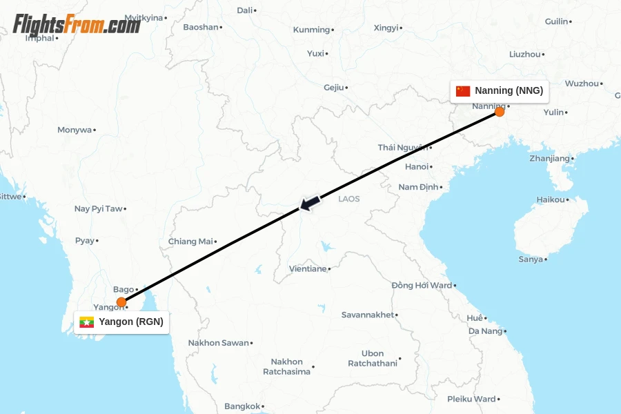 Flights from Nanning to Yangon route map