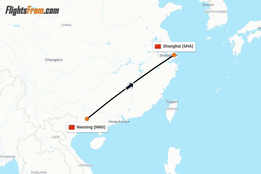 Flights from Nanning to Shanghai route map