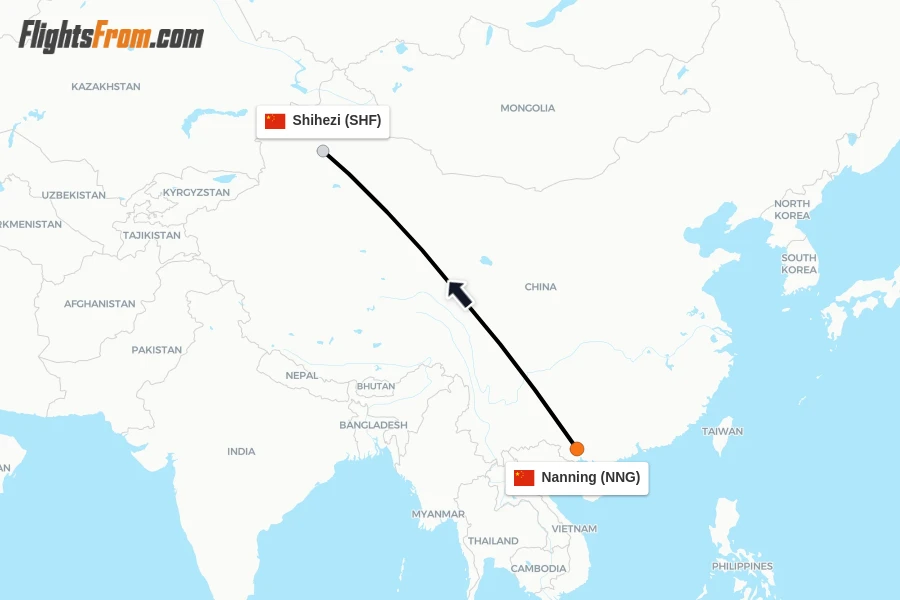 Flights from Nanning to Shihezi route map