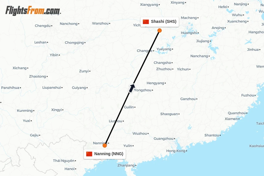 Flights from Nanning to Shashi route map