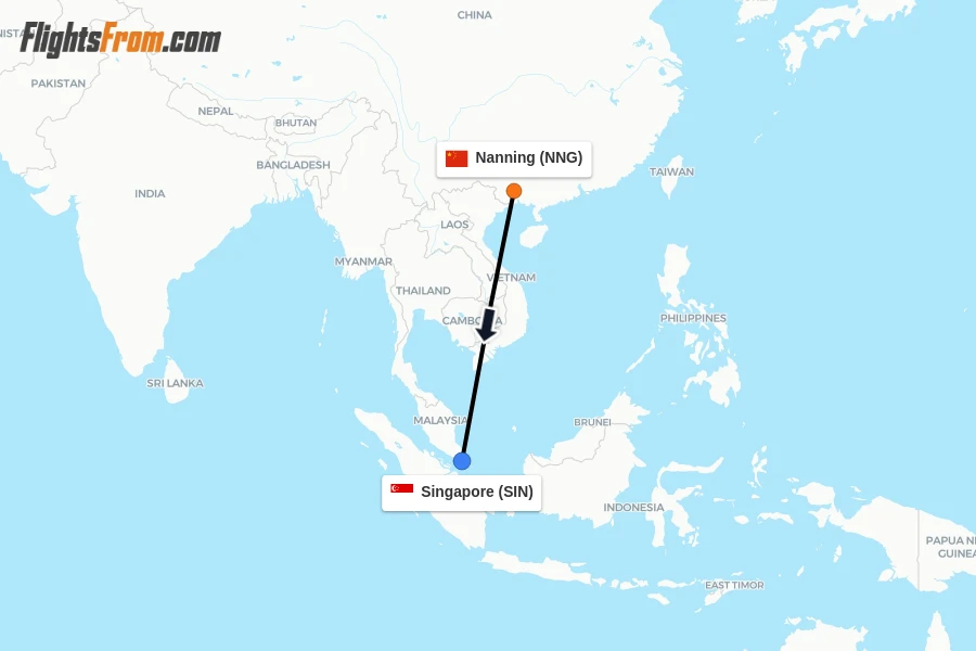 Flights from Nanning to Singapore route map