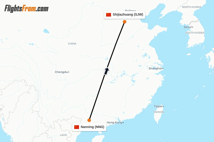 Flights from Nanning to Shijiazhuang route map