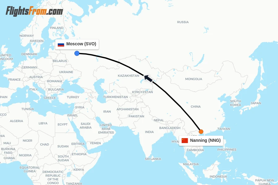 Flights from Nanning to Moscow route map