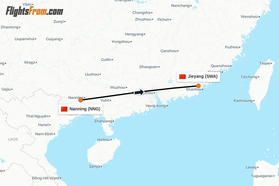 Flights from Nanning to Jieyang route map
