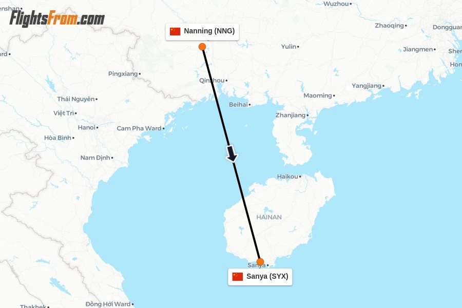Flights from Nanning to Sanya route map