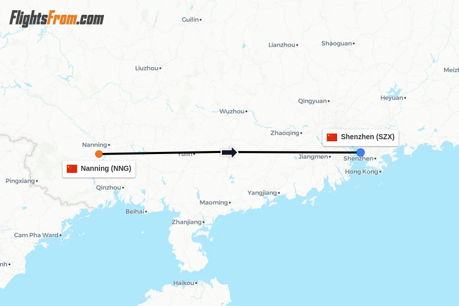 Flights from Nanning to Shenzhen route map