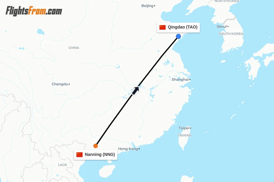 Flights from Nanning to Qingdao route map