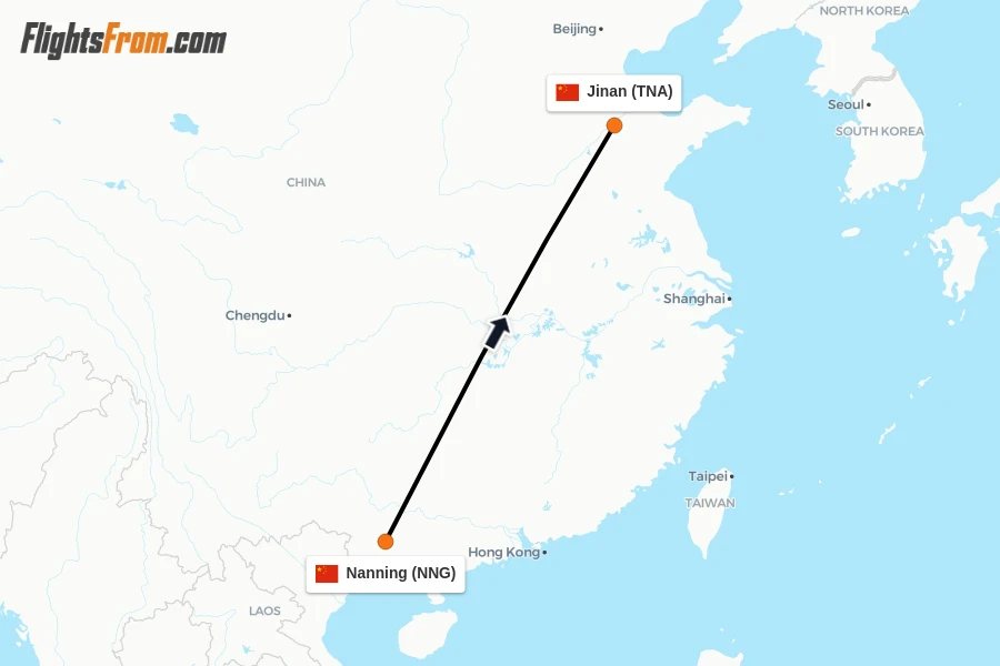 Flights from Nanning to Jinan route map