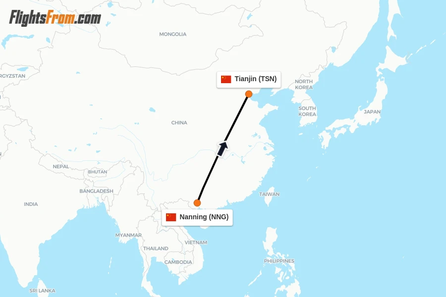 Flights from Nanning to Tianjin route map