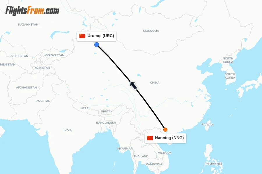 Flights from Nanning to Urumqi route map
