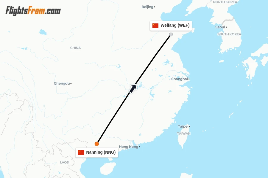 Flights from Nanning to Weifang route map