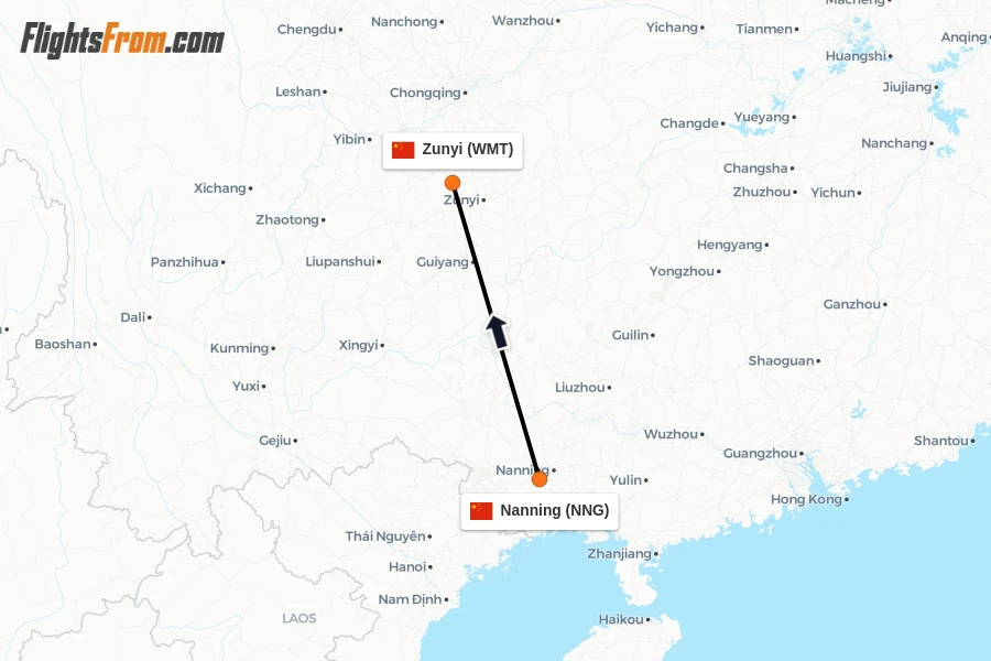 Flights from Nanning to Zunyi route map