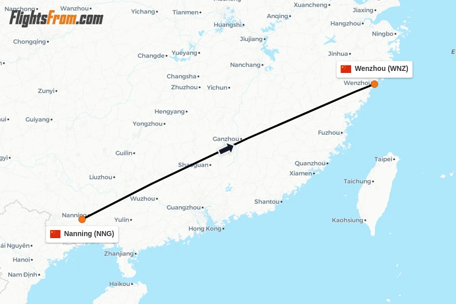 Flights from Nanning to Wenzhou route map