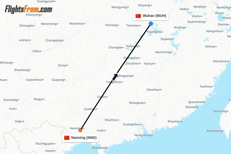 Flights from Nanning to Wuhan route map