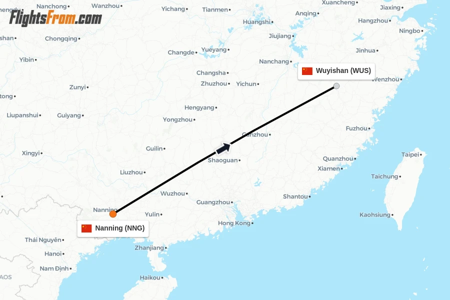 Flights from Nanning to Wuyishan route map