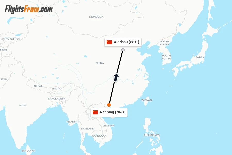 Flights from Nanning to Xinzhou route map
