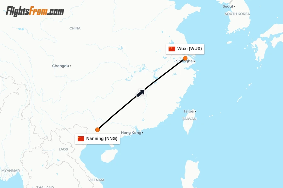Flights from Nanning to Wuxi route map