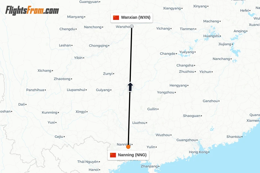 Flights from Nanning to Wanxian route map