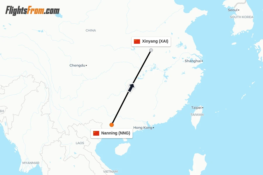 Flights from Nanning to Xinyang route map