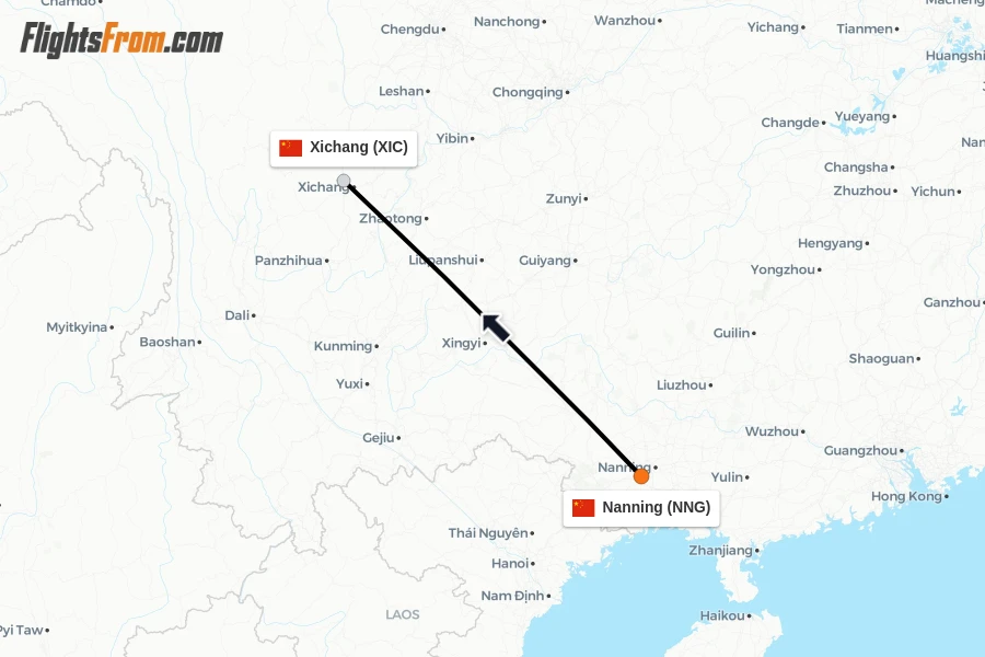 Flights from Nanning to Xichang route map