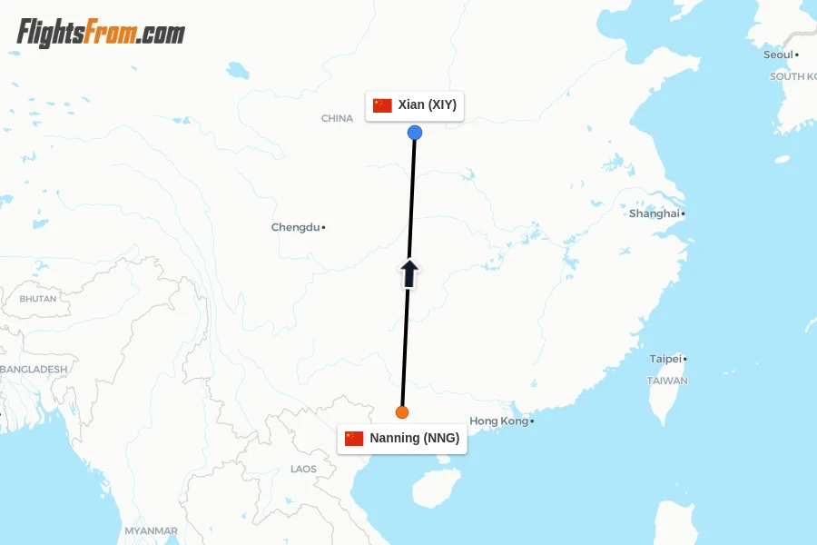 Flights from Nanning to Xian route map