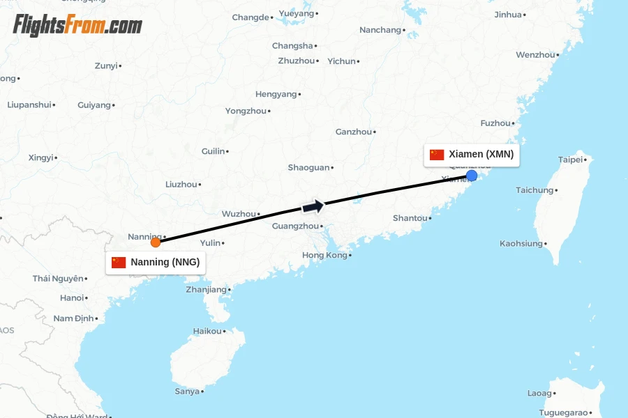 Flights from Nanning to Xiamen route map