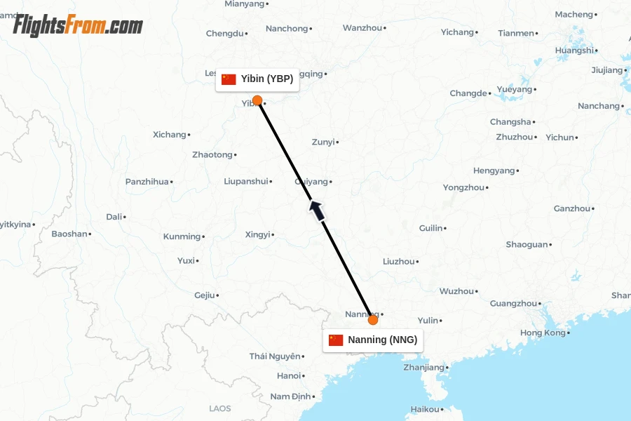 Flights from Nanning to Yibin route map